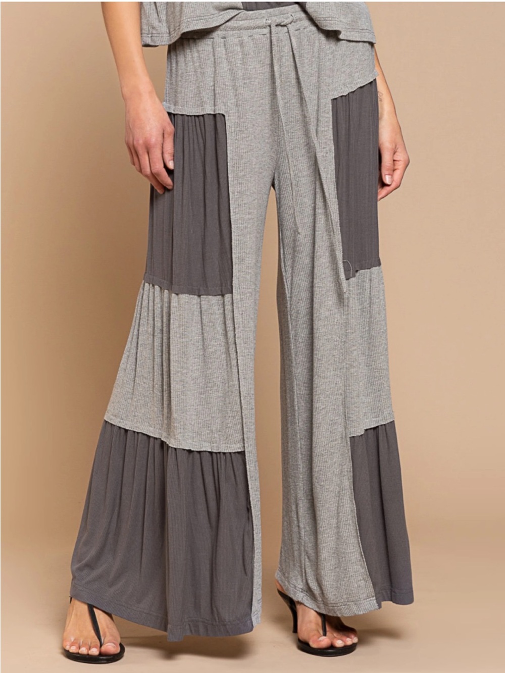 POL Black Mineral Washed Mixed Texture Patchwork Wide Leg Pants• Medium
